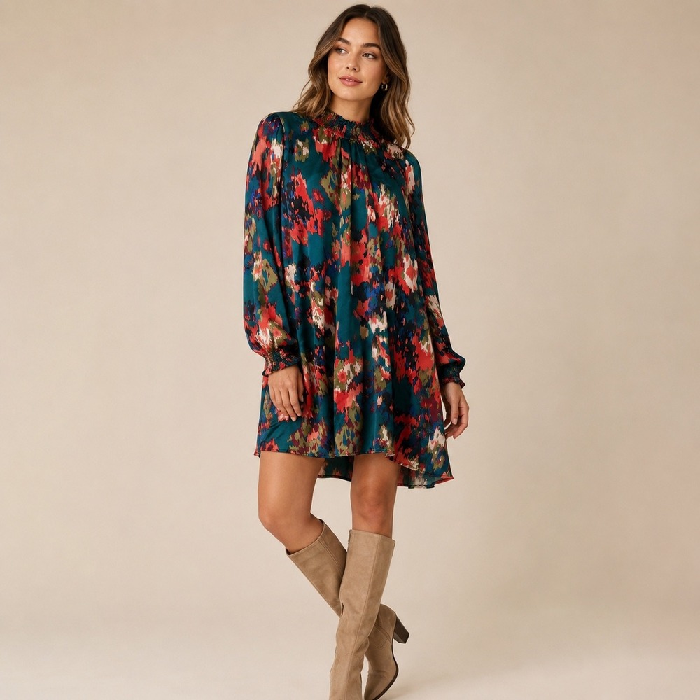 Umgee Teal Abstract Brushstroke Satin Smocked Mock Neck Mini Shift Dress Medium